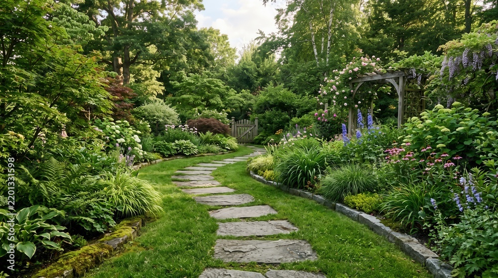 Obraz premium Pathway Through a Lush Garden Surrounded by Vibrant Flowers