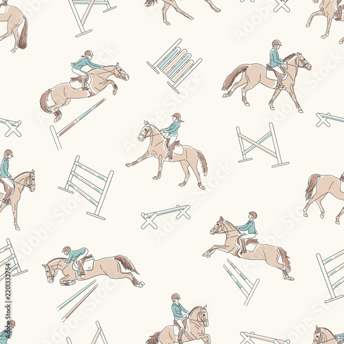 Seamless equestrian pattern with young riders and ponies jumping over hurdles in pastel hand drawn illustration