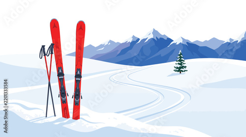 Ski resort winter landscape vector illustration featuring red skis, poles, snowy mountains, ski tracks, and pine tree scenery   