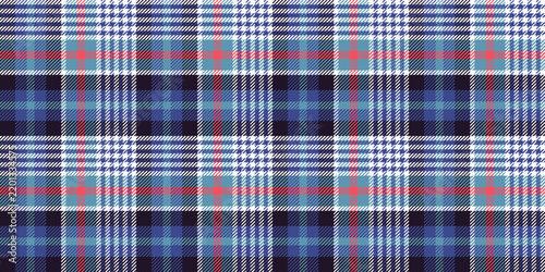 Scottish tartan. A modern plaid pattern in blue and red tones with white stripes. Geometric seamless background.