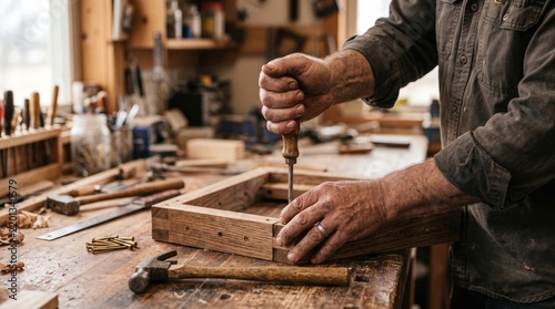 A man with short brown hair works on a wooden frame in a workshop. Tools and wood shavings are scattered on the table, showcasing a woodworking project.