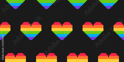 Seamless pattern with lgbt hearts in 8-bit style. Rainbow symbol of tolerance. Repeating print with colorful LGBT symbols perfect for apparel, digital backgrounds, and game design.