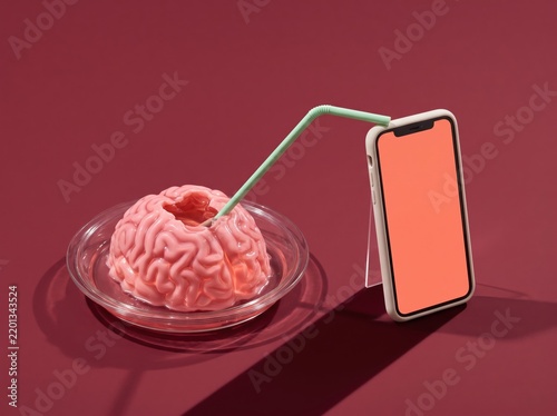 Brain gelatin dessert with straw and smartphone, social media addiction