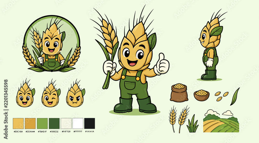 Fototapeta premium Friendly wheat grain farmer cartoon mascot character set.