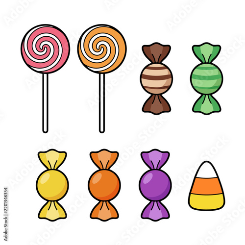 Set of cute cartoon Halloween candies, lollipops, and candy corn isolated on a white background.