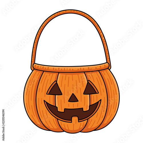 Cute Halloween jack-o-lantern pumpkin trick-or-treat basket isolated on a white background, cartoon illustration.