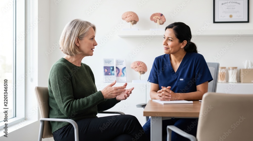 Fototapeta premium Female doctor listens as mature patient describes cognitive symptoms, linking menopause brain fog, memory support and professional healthcare guidance.