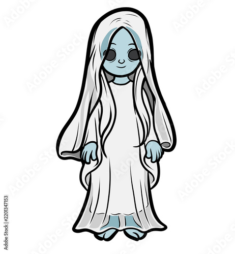 Cute cartoon white lady ghost girl halloween character wearing long shroud veil dress illustration isolated on transparent background