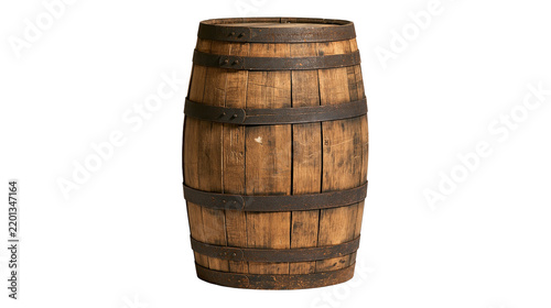 Rustic wooden barrel with weathered planks and dark metal iron hoops
