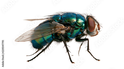 Metallic green bottle fly with iridescent wings and hairy body profile view