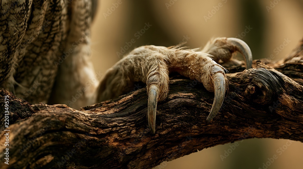 Fototapeta premium Close up of a sloth claw gripping onto a textured tree branch.