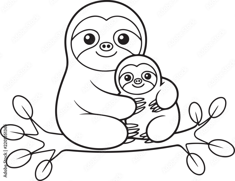 Fototapeta premium Sloth and baby illustration depicts a cartoon animal on a tree branch
