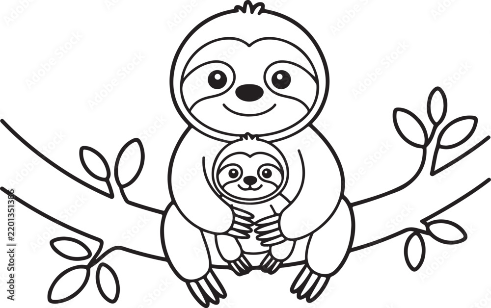 Fototapeta premium Sloth and baby illustration on a branch black and white vector design