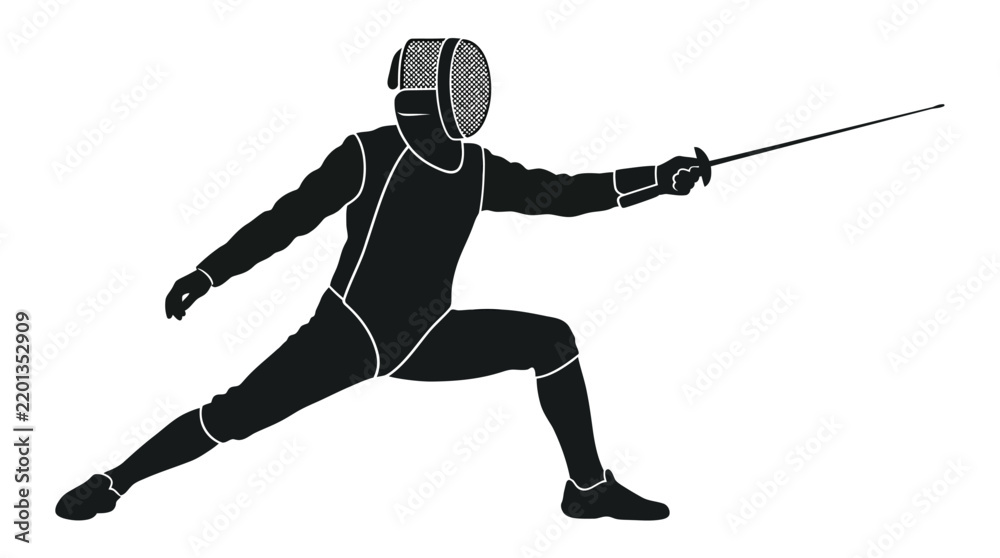 Fototapeta premium Fencer in protective gear holding a foil sword in a competitive athletic lunging posture.