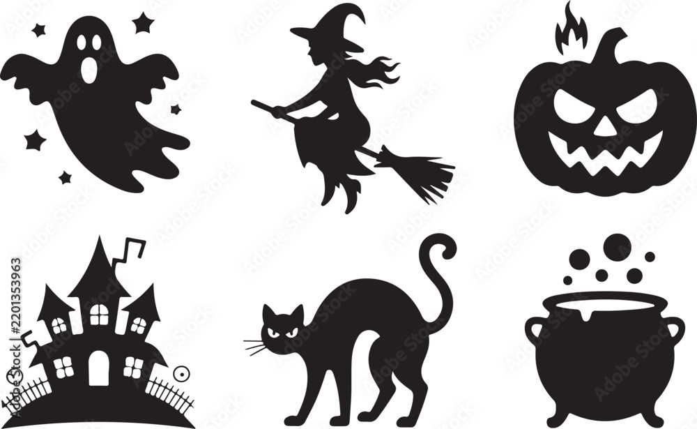 Fototapeta premium Halloween silhouettes featuring ghost witch pumpkin and haunted house