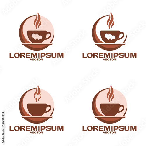 Vector set of modern brown logos and emblems. Cup of coffee or tea. Hearts, circle and stylized steam. Collection of corporate icons. Invigorating tasty drink. Sample of label. Isolated background