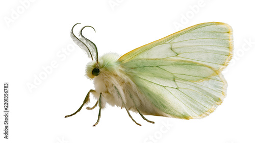 Pale green moth with feathery antennae and translucent wings