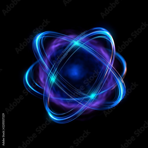 Blue Cyan Purple Atomic Orbital Light Trails on Black Background