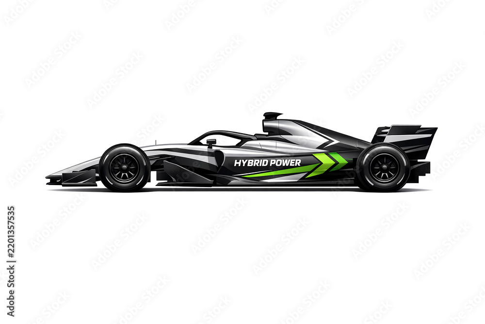 Obraz premium Sleek, futuristic design of racing car with green and black color scheme. Hybrid electric-hydrogen propulsion.