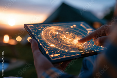 Close-up of a ground control tablet screen with an abstract glowing radar sweep and tracking markers, no readable characters, faceless operator's hand at the edge, blurred field te