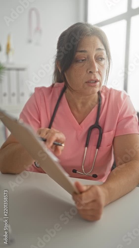 Middle aged hispanic woman doctor with stethoscope points pen to document while reading a medical report at a clinic desk in a building; empathy concern.