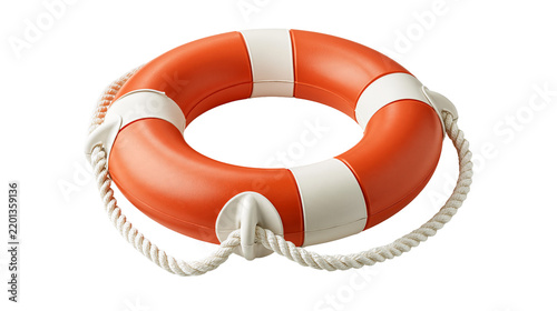 Konstfotografi Orange and white circular lifebuoy with braided rope for water safety