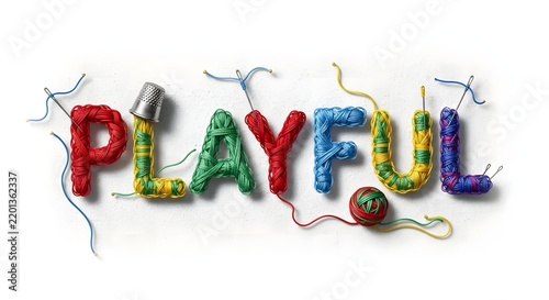 A vibrant and creative depiction of the word 'PLAYFUL' crafted from colorful yarn and knitting accessories, symbolizing joy and handmade artistry