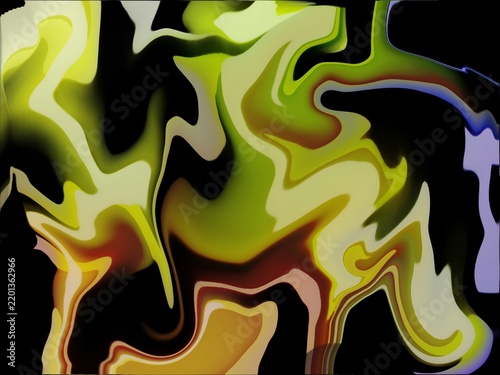 Abstract dark fluid swirl pattern with lime green and yellow and orange glossy liquid flame organic wave on black background