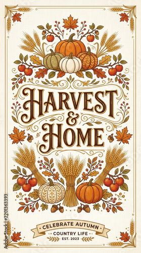 Harvest theme typography poster features orange pumpkins, wheat stalks, leaves, and seasonal autumn decorations on a cream background.