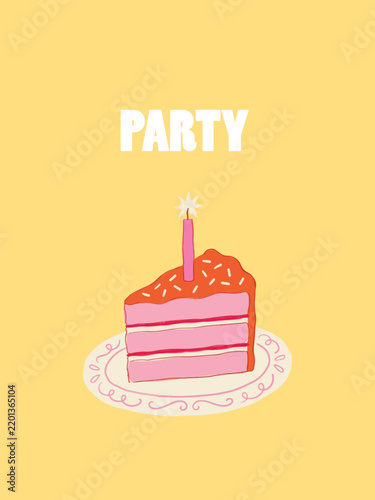 Hand-drawn cute birthday cake slice with a candle and 