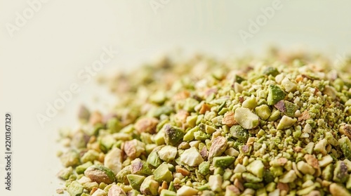 Finely crushed pistachio texture, granular background for gourmet branding, premium food packaging, editorial layout and presentation design, close-up, composition weighted to the lower right