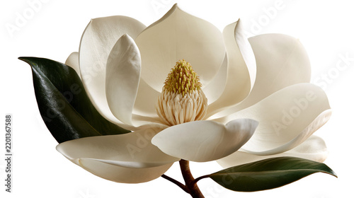 Large white magnolia flower with dark green leaves and yellow central stamen