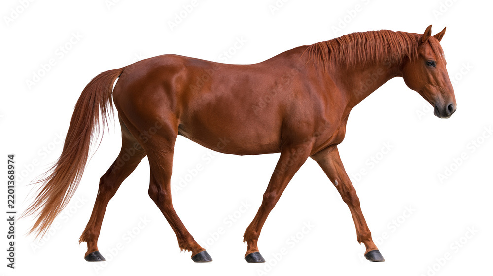 Fototapeta premium Chestnut brown horse walking with long flowing mane and tail