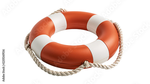 Fotografie Orange and white striped circular lifebuoy with attached braided rope