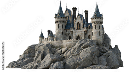 Medieval stone castle with blue conical roofs perched on a jagged rocky cliff