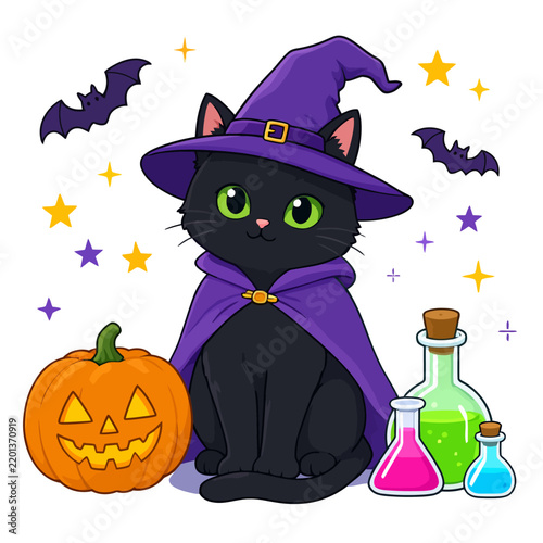 Adorable black cat witch wearing purple hat and cape with Halloween pumpkin and magic potion bottles