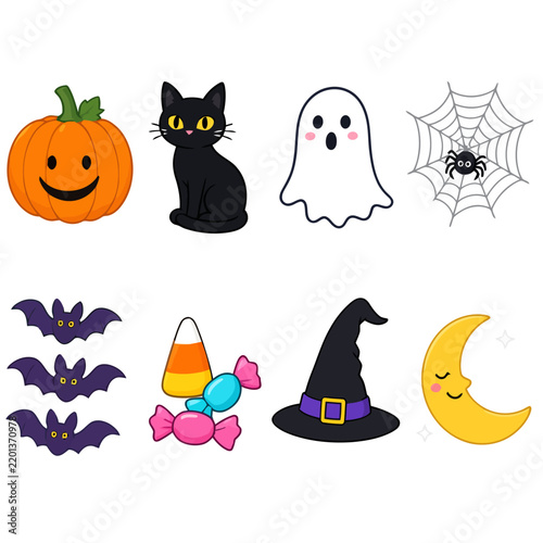 Cute Halloween stickers set with pumpkin black cat ghost spider bats candy witch hat and moon