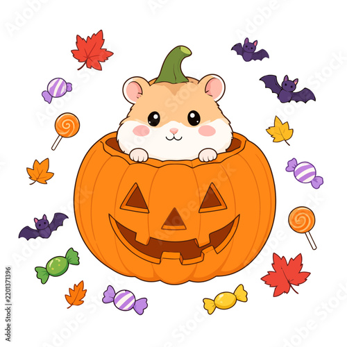 Cute hamster inside a jack o lantern surrounded by autumn leaves, bats, and colorful candies
