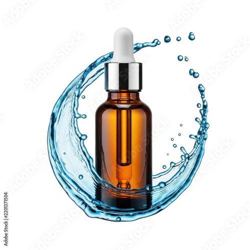 Amber glass dropper bottle for essential oil surrounded by a dynamic blue water splash