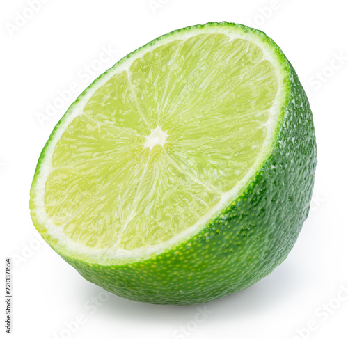 Foto Green lime cut exactly in half isolated on a white background