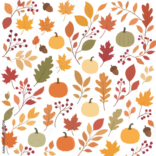 Seamless Autumn Pattern with Colorful Fall Leaves Pumpkins Berries and Acorns for Seasonal Design