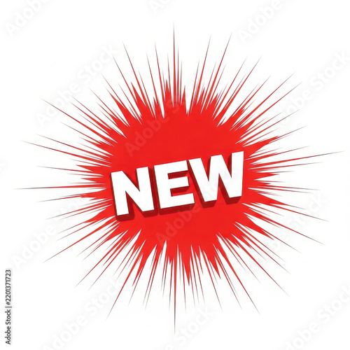 Bright Red Sunburst Graphic with White Text Reading New