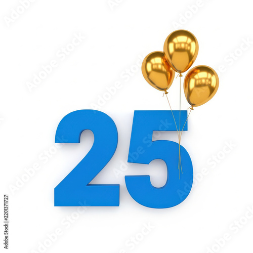 Blue Number Twenty Five for Birthday Celebration with Three Shiny Gold Helium Balloons