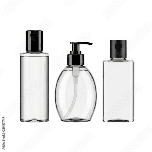 Clear empty cosmetic bottles with black pump and flip top caps for skincare products