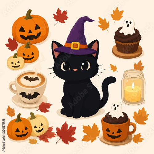 Cute Black Cat Wearing A Witch Hat With Autumn Pumpkins And Spooky Halloween Treats Illustration