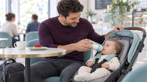 Father Bottle Feeding Baby in Stroller at Cafe