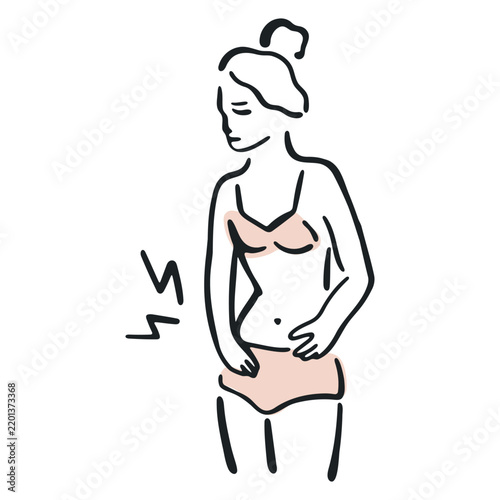 Woman with pelvic pain medical illustration. Hand drawn female figure holding lower abdomen