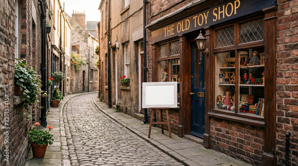 Fototapeta premium Travel Tourism Vintage Toy Shop Front On Cobblestone Street With Blank Signboard