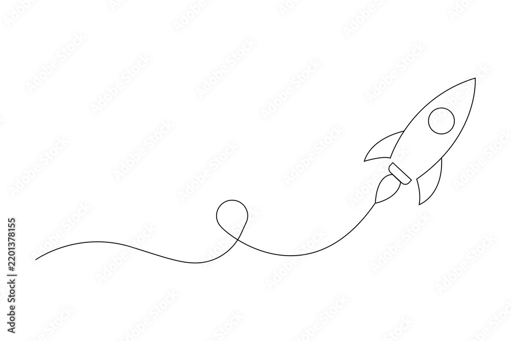 Obraz premium Rocket launch line art with a winding flight trail on a white background. Minimal space illustration shows motion and exploration. Ideal for posters, technology, education, and design.