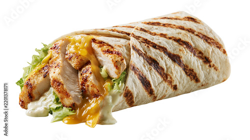 Grilled chicken wrap with melted cheddar cheese and fresh lettuce in flour tortilla